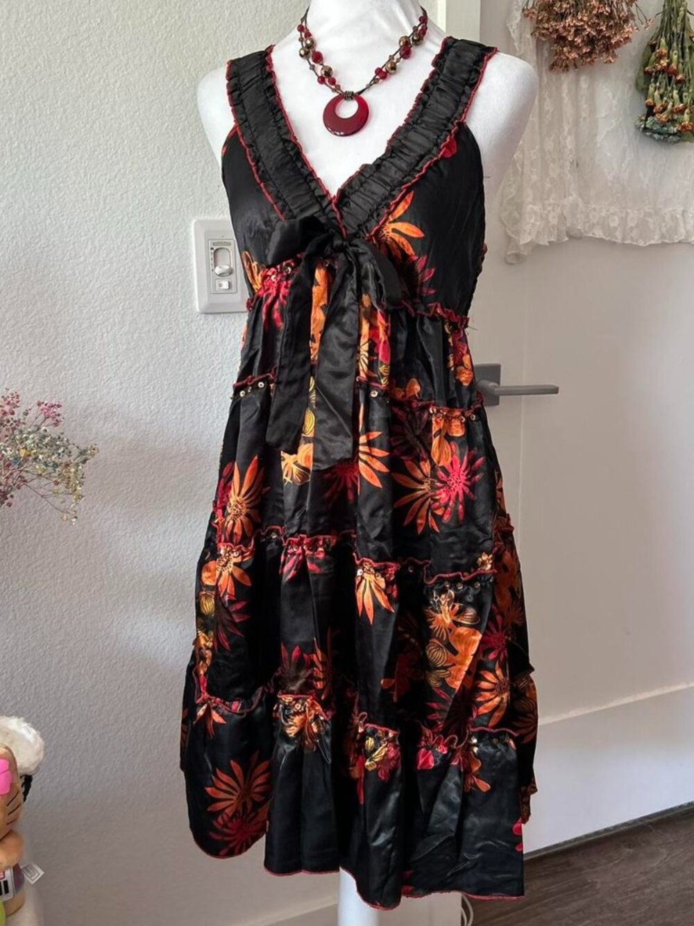Angie Black and Orange Floral Print Sleeveless Babydoll Style Dress